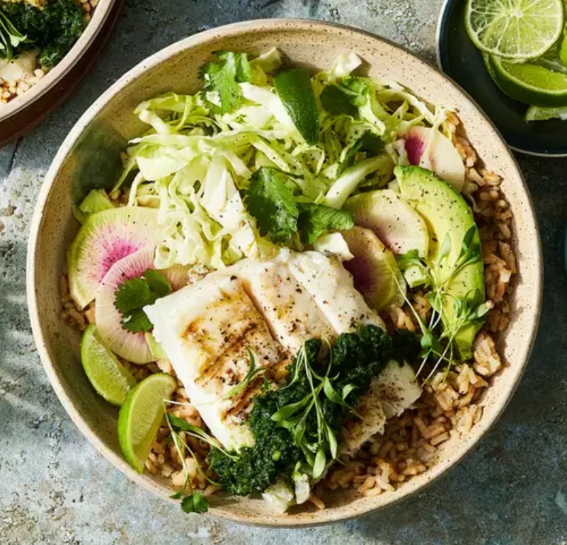 Fish Taco Bowls with Green Cabbage Slaw